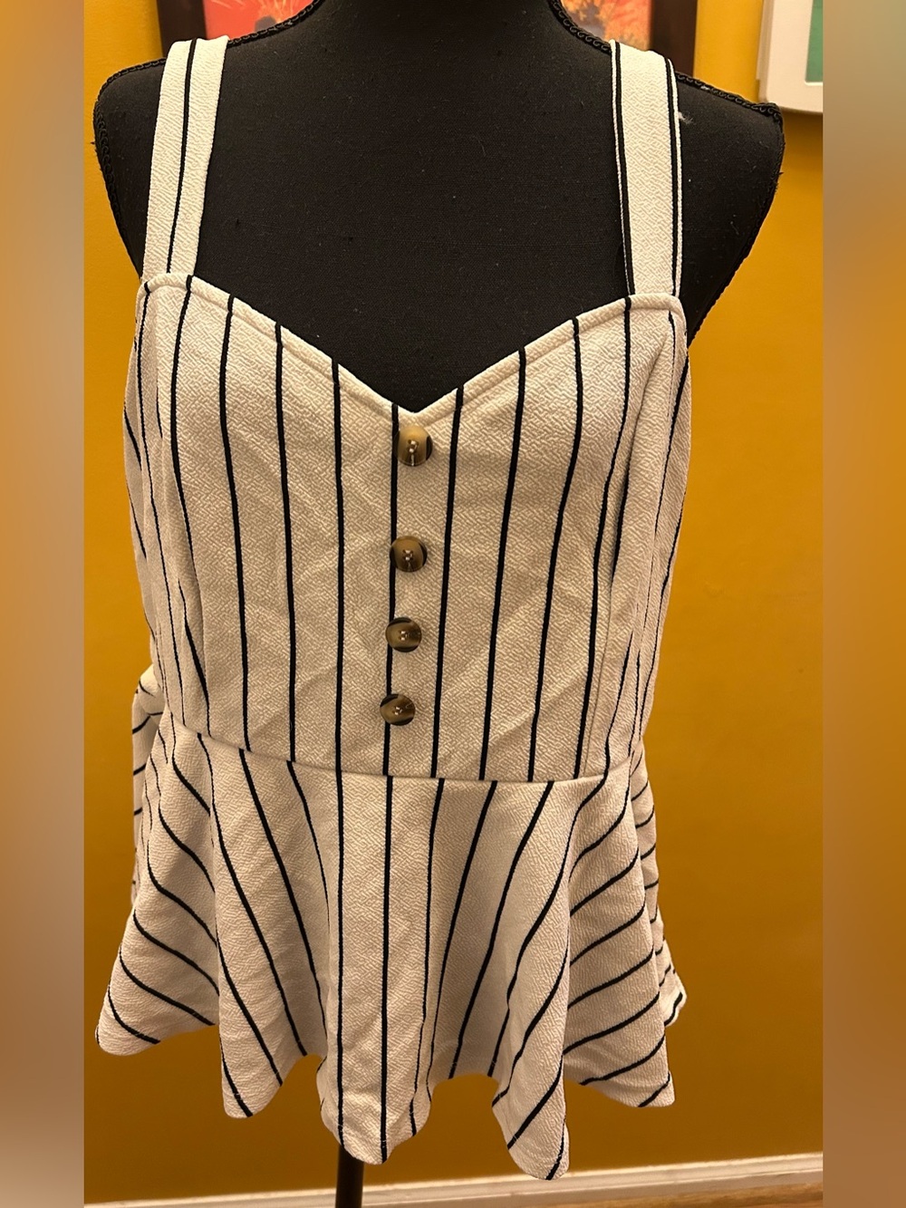 Crepe Black White Pinstripe Peplum Faux Button Top 1X